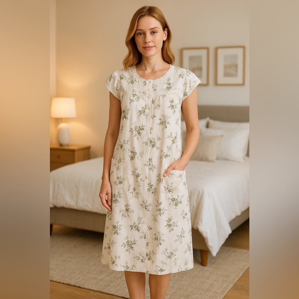 Vintage Style Floral Nightgown M Lace Trim Modest Sleep Dress Cottagecore